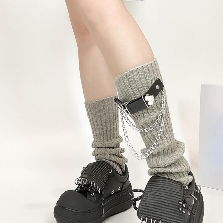 Stylish Ribbed Knitted Leg Warmers for Women Gothic Punk Boot Covers Socks with Heart Chain Leather Belt for Festivals