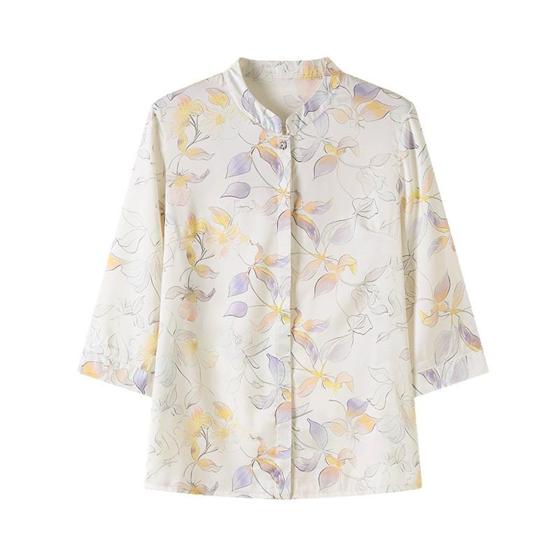 2026 New Fashion Lapel Printed Chiffon Shirt for Middle-Aged & Elderly Women - Three-Quarter Sleeves & Lightweight Design