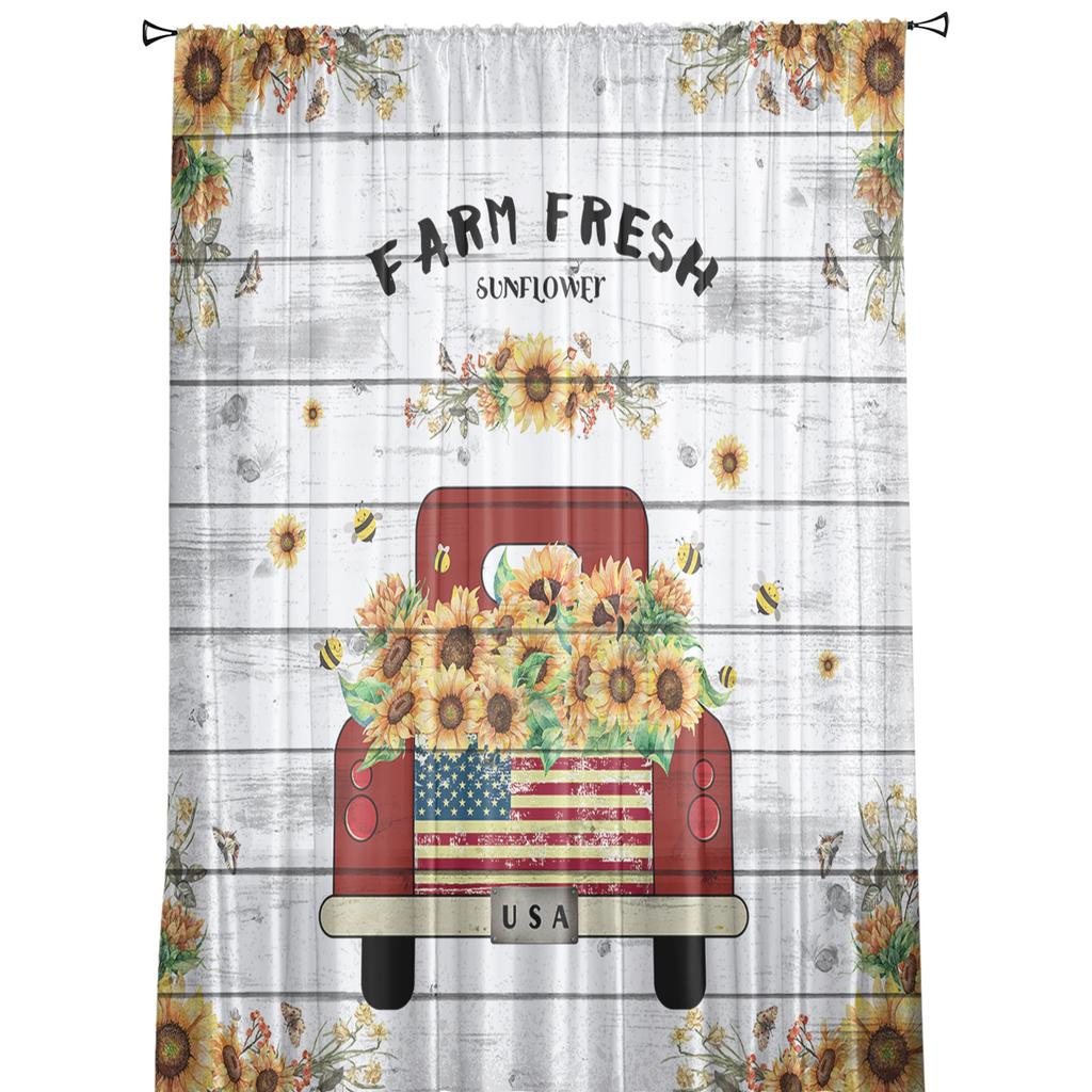 Farm Fresh Vintage Truck Sunflower Farm Plank Sheer Curtains for Living Room Modern Bedroom Voile Tulle Curtain Window Drapes