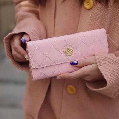 Women Girl Rhombus Pattern Party Thin Wallet Metal Hearts Crown Long Purse Handbag MIT