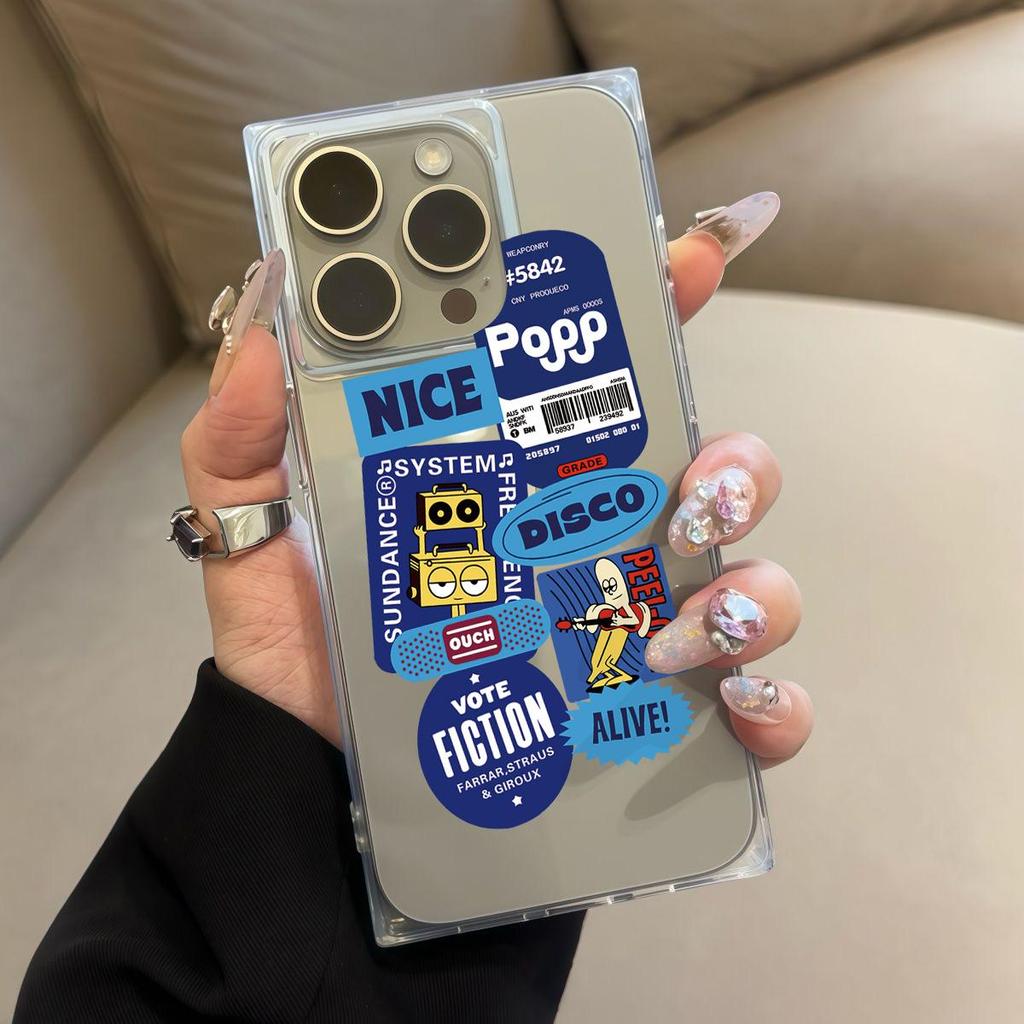 Transparente Quadratische Rückseite Röhrenhülle Schutz Für iPhone 12 13 16 ProMax 14 Pro Max 11 15 Plus Anti-Sauerstoff, Niedliches Cartoon Englisches Muster Hülle