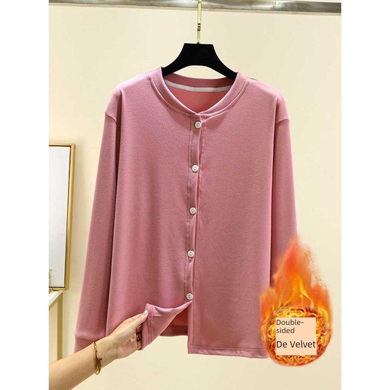 Loose Plus size Fleece-lined Cardigan Women Autumn and Winter Dralon Thickened Buckle Home Wear Outer Wear Plus size Heating Casual Outerwear