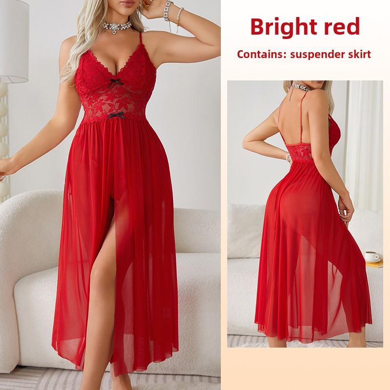 Large Size Erotic Underwear Sexy Mesh Lace Pajamas Split Suspender Skirt Long Loungewear Pajamas