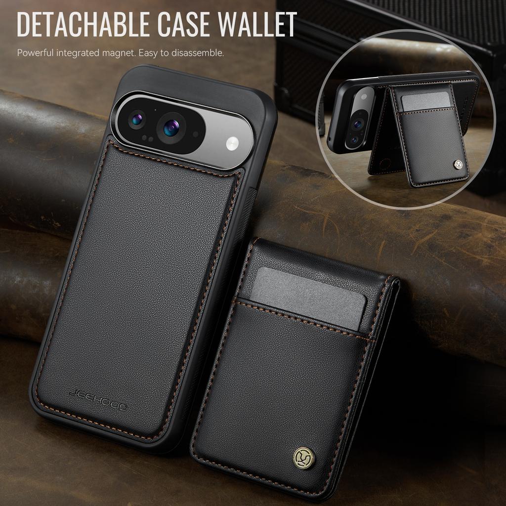 For Google Pixel 9 Pro/Google Pixel 9 Leather Back Cover Compatible with MagSafe JEEHOOD J06 Phone Case with Card Bag RFID Blocking