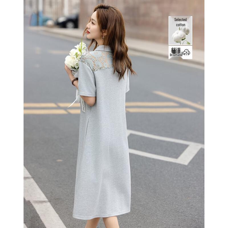 Elegant Women s Summer Polo Collar Midi Dress with Lace Patchwork L