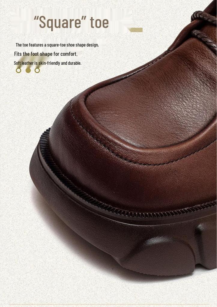 Shanghai Retro Platform Thick Sole Lace-Up Women's Loafers - Versatile, Fashionable, Height Increasing Cowhide Shoes