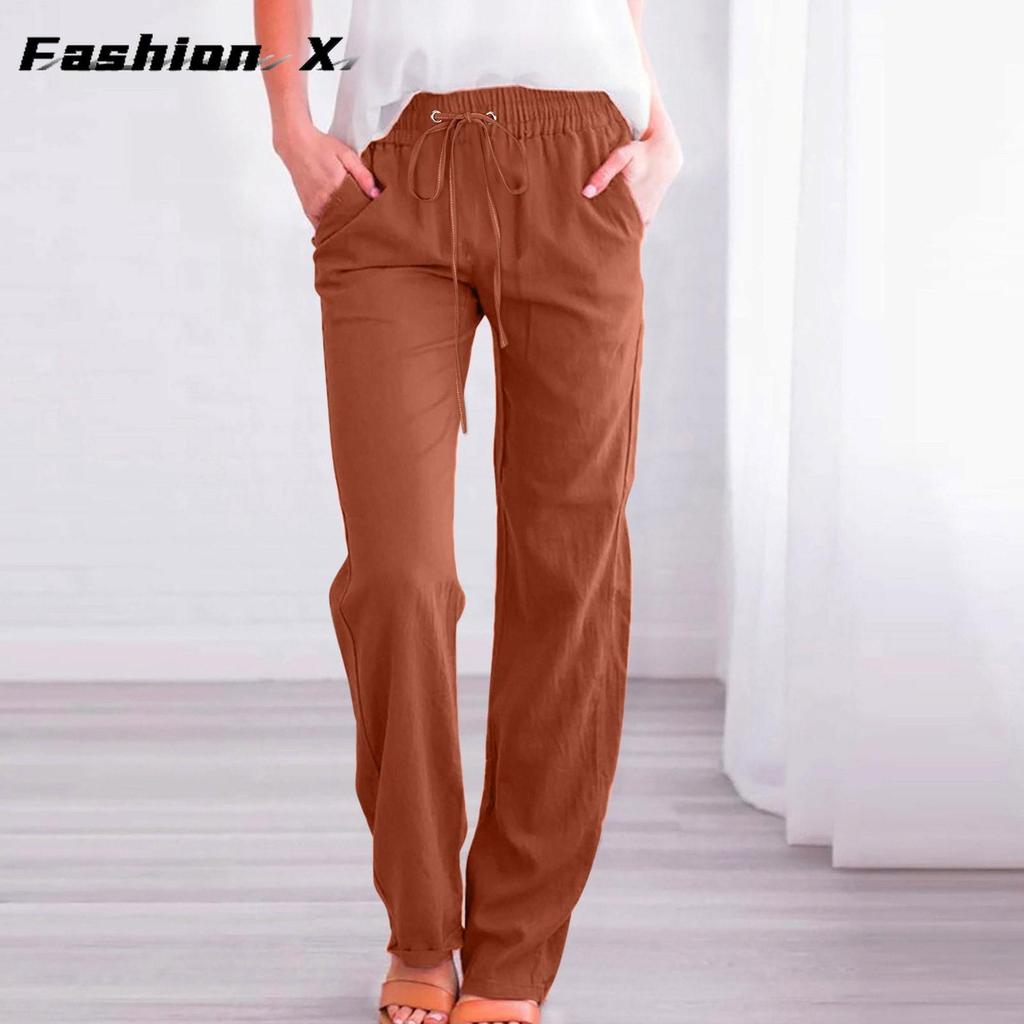 Pantaloni da donna larghi a gamba larga tinta unita cotone lino coulisse pantaloni casual