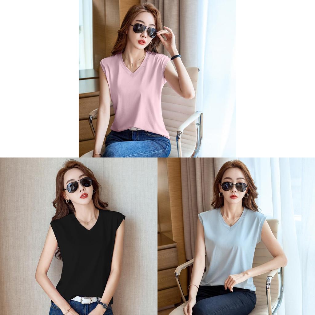 Silk Cotton Sleeveless Vneck T Shirt For Women With Breathable Fabric Summer Casual Wear