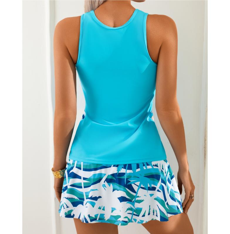 Women's Blue Swimsuit Conservative High Waist Swim Shorts Floral Print Skirt Cover Up Modest Two-Piece Swimwear