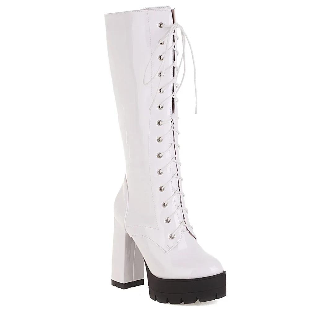 Female Motorcycle Boots Platform Chunky Heel Knee High Med Calf Boots 2024 New Arrivals Platform Chunky Heel Lace Up Red Black