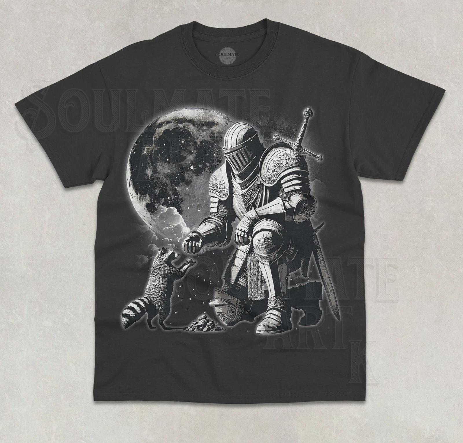 Knight Petting Raccoon Moon T- Shirt Cute Funny Graphic Animal Unisex Shirt 3XL