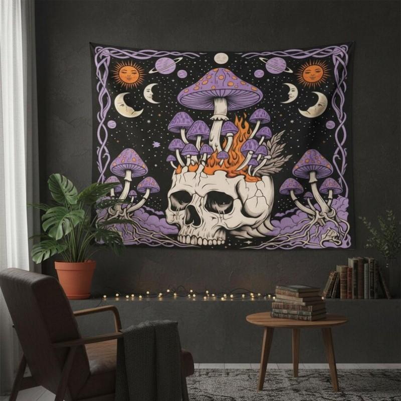 Gothic Dark Skull Tapestry Mushroom Moon Phase Wall Hanging Mysterious Aesthetic Bedroom Living Room Home Decor Wall Art
