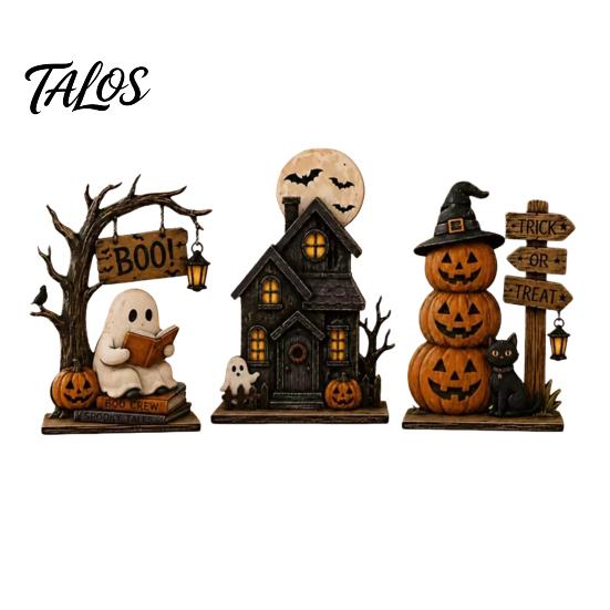 Cute Pumpkin Witch Hat 3Pcs Halloween Wooden Decorations, Fall Tabletop Ornaments with Ghost Black Cat Room Accessories Elements, Retro Wood Figurines