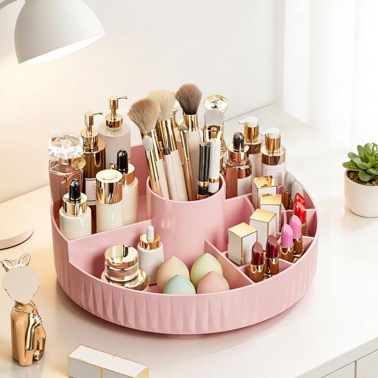 מארגן איפור מסתובב 360 מעלות קופסת אחסון קוסמטיקה עם מחזיק למברשות איפור מארגן עגול לשולחן איפור לטיפוח עור, בשמים, קרמים