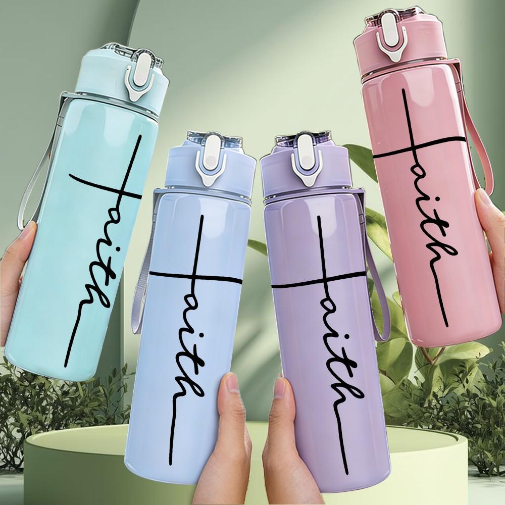 1PC Faith Cross Line Art 750ml Color Plastic Sports Water Bottle Leakproof Flip Straw Lid Suitable for Sports Office Home Use