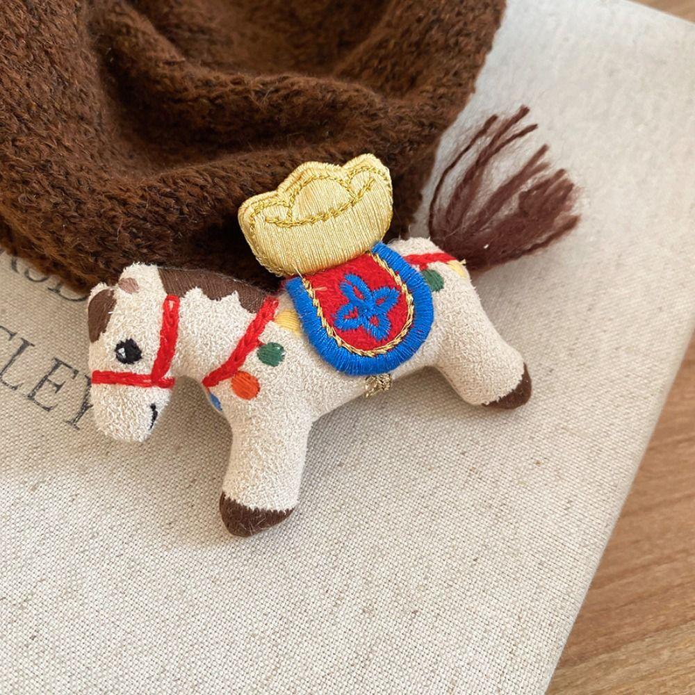 Flower Embroidery Horse Brooch Cute Cloth Fabric Pony Brooch  Clothing Accessory