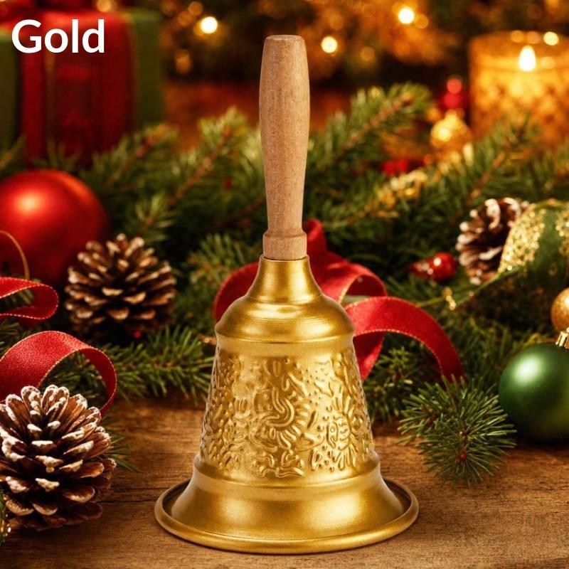 Christmas Iron Hand Bell Red Gold Embossed Pattern Wooden Handle for Holiday Gift Giving Restaurant Call Bell