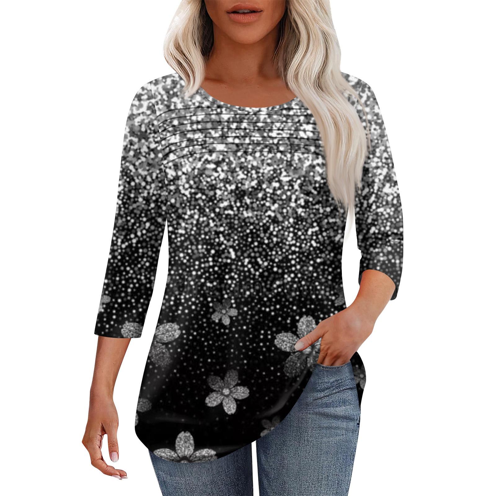 

Женская мода круглый вырез шея плиссированная передняя планка с принтом рукав 3/4 топ L