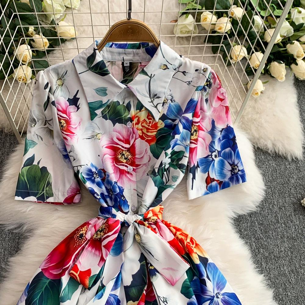 Summer Women Designer Print Runway Dress Elegant Turn-down Collar Office Work Midi Lace-up Shirt Dresses