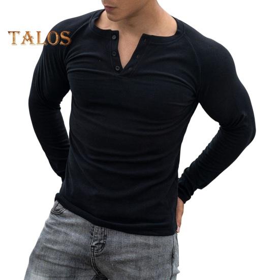 

Весна-осень Мужской топ с пуговицами, круглым вырезом, облегающий крой, длинные рукава, однотонный пуловер, средняя длина, эластичная спортивная футболка для бега M чёрный