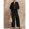 Women Linen 2 Piece Outfit Zip Front Puff Sleeve Blouse Drawstring Wide Leg Pants Casual Summer Matching Set