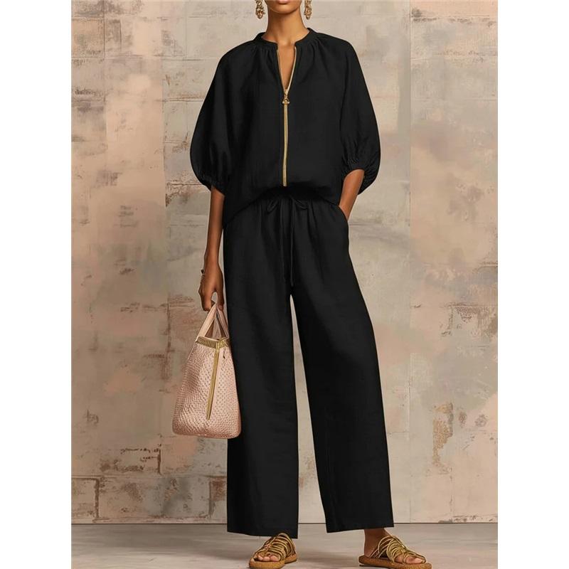 Women Linen 2 Piece Outfit Zip Front Puff Sleeve Blouse Drawstring Wide Leg Pants Casual Summer Matching Set