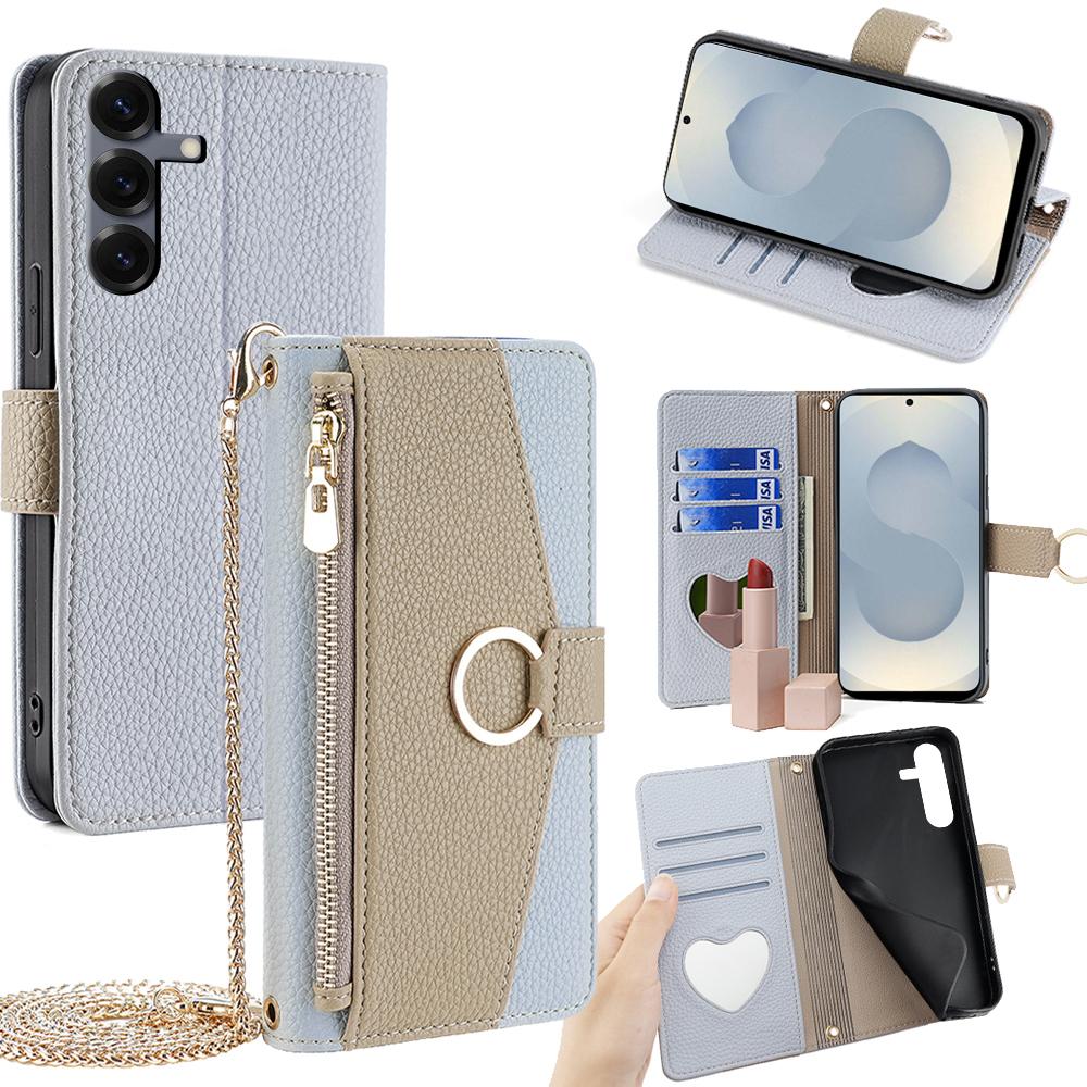 For Samsung Galaxy S25+ Case Mirror Wallet Leather Phone Cover with Chain Shoulder Strap