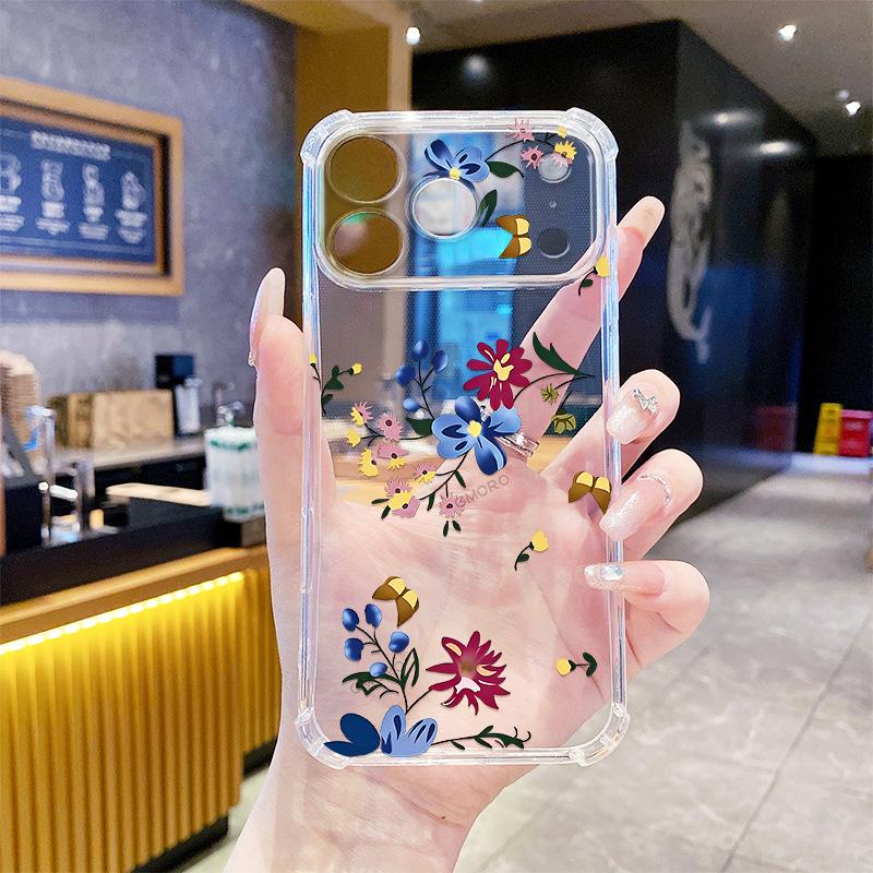 Retro Color Flower Apple 17promax Mobile Phone Case All-inclusive Four Corners Anti-drop Transparent Case iPhone15 Soft Case