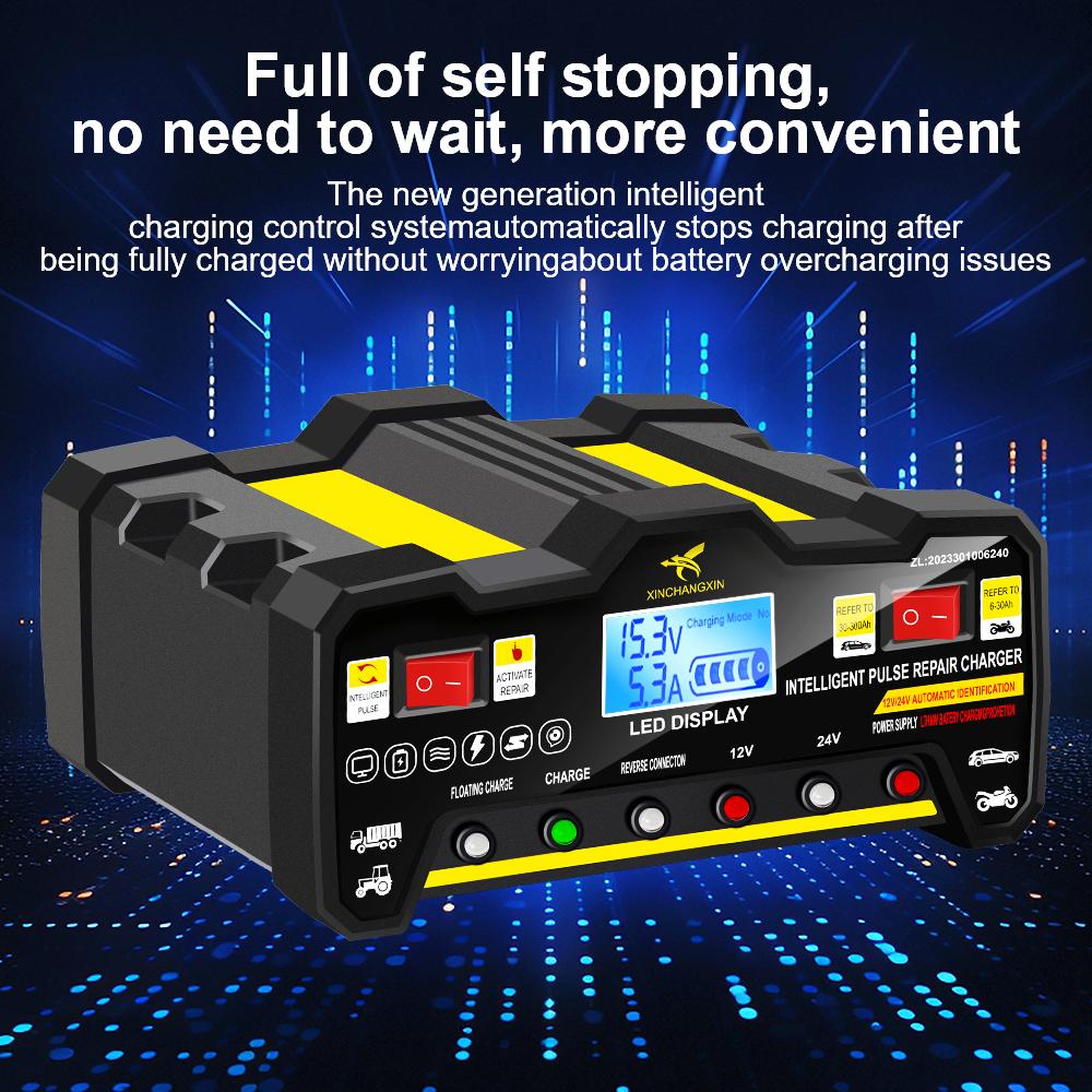 300AH 220W For Wet Dry Lead Acid LCD Display Full Automatic Car Battery Charger Intelligent Pulse Repair Battery Charger EU Plug