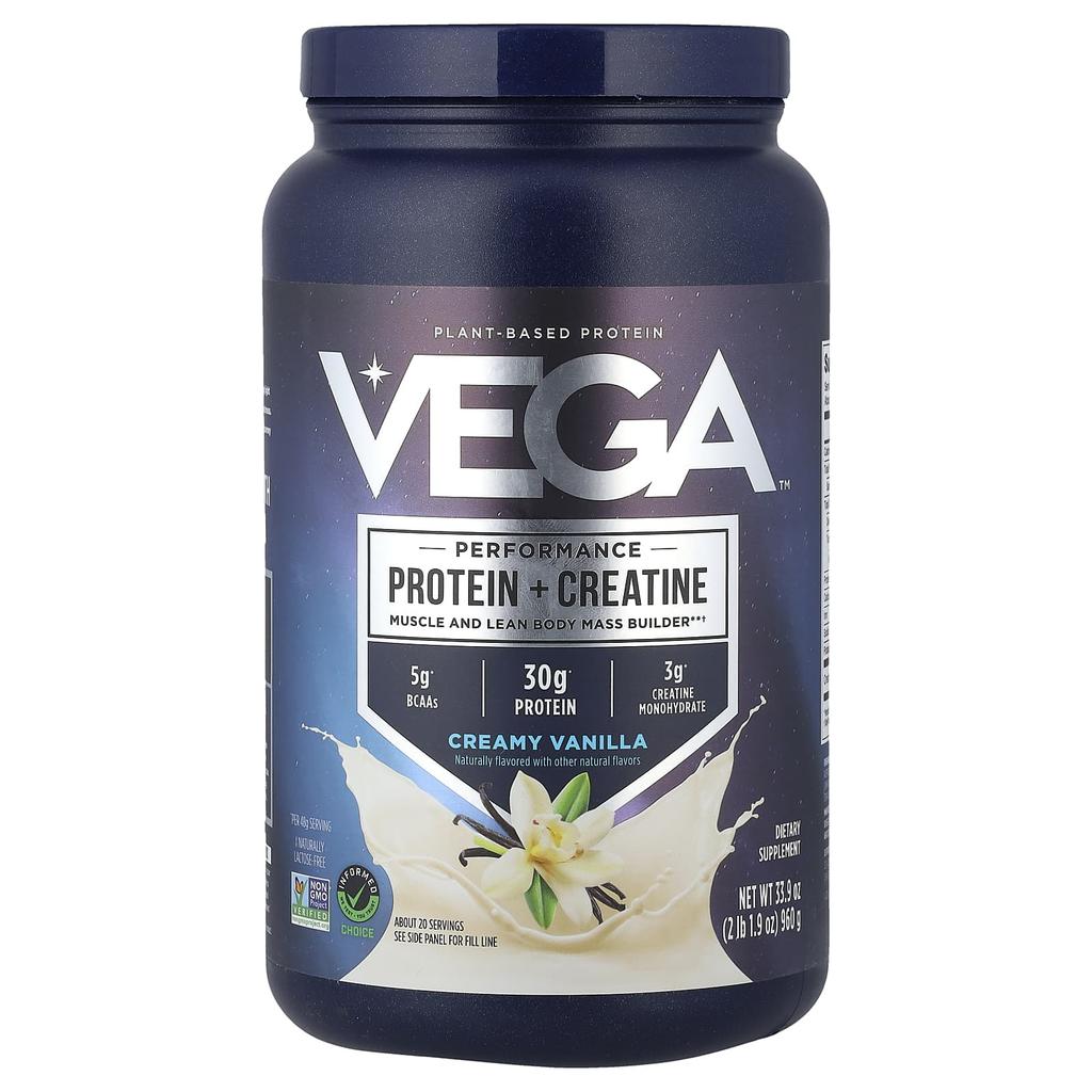 Vega Plant-Based Performance Protein + Creatine, Creamy Vanilla, 960g (2lb 1.9oz)