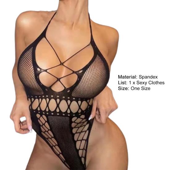 Women Deep V Neck Backless Good Elasticity Bodysuit Sleepwear See through Fishnet Halter Underwear Sleepwear Inside Wear Clothing