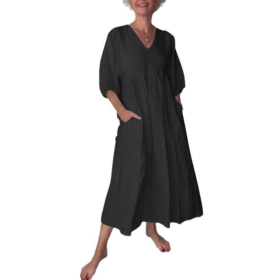 Autumn Women's Cotton & Linen V-Neck Ruffled Casual Pocket Dress