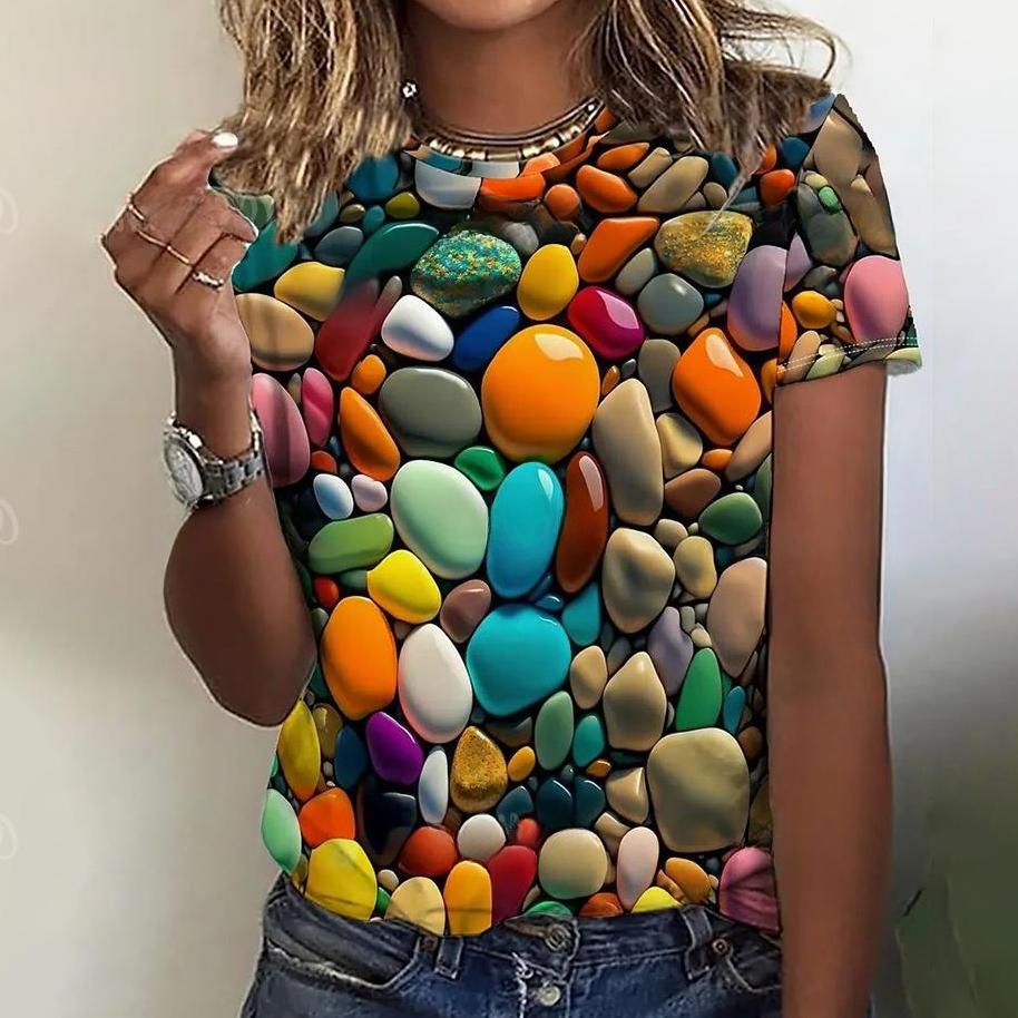 3d Colorful Stones Print Tshirt For Women Summer Fashion Casual Loose T Shirt Oversized Short Sleeve O-Neck Tops Design Clothing