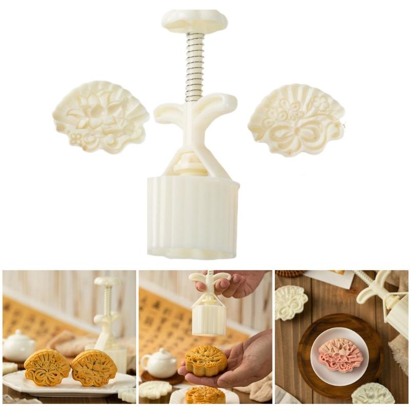 MidAutumn Festival Moon Cake Maker Small Flower Fan Moon Cake Molds Cookie Stamps Hand Press Cookie Dessert Cutter