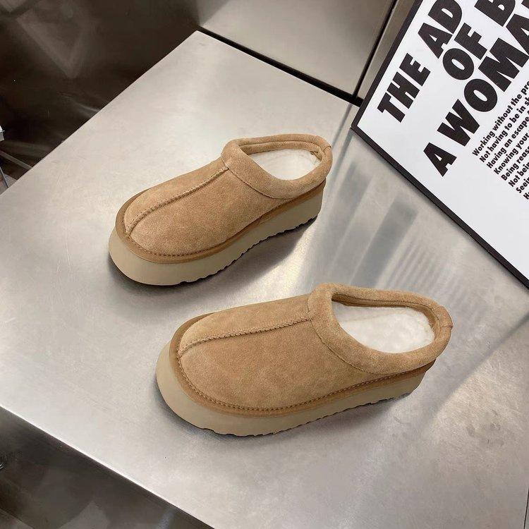 Soft Leather Version~ Cotton Slippers Women's Autumn and Winter Velvet Thickened Warm Snow Cotton Shoes Thick Sole One Pedal Lazy Shoes Outside