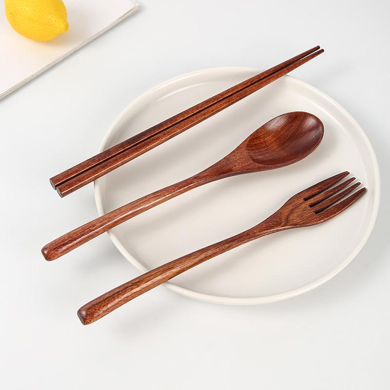Japanese Wooden Cutlery Set: Spoon, Fork & Chopsticks with Old Lacquer Nanmu and String Tie