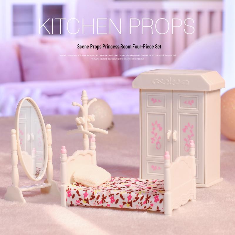 Mini Dollhouse Accessories: Bedroom & Kitchen Play Furniture Set