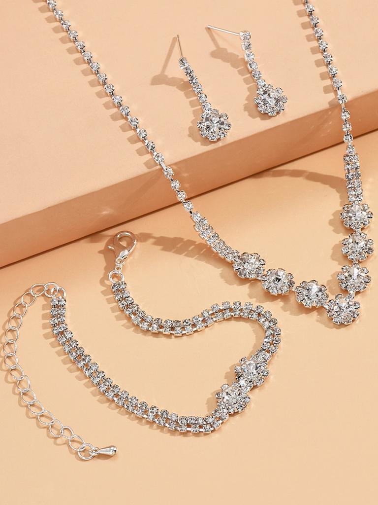 4 pieces of women's wedding set, rhinestone necklace, bracelet, earrings, party and banquet accessories