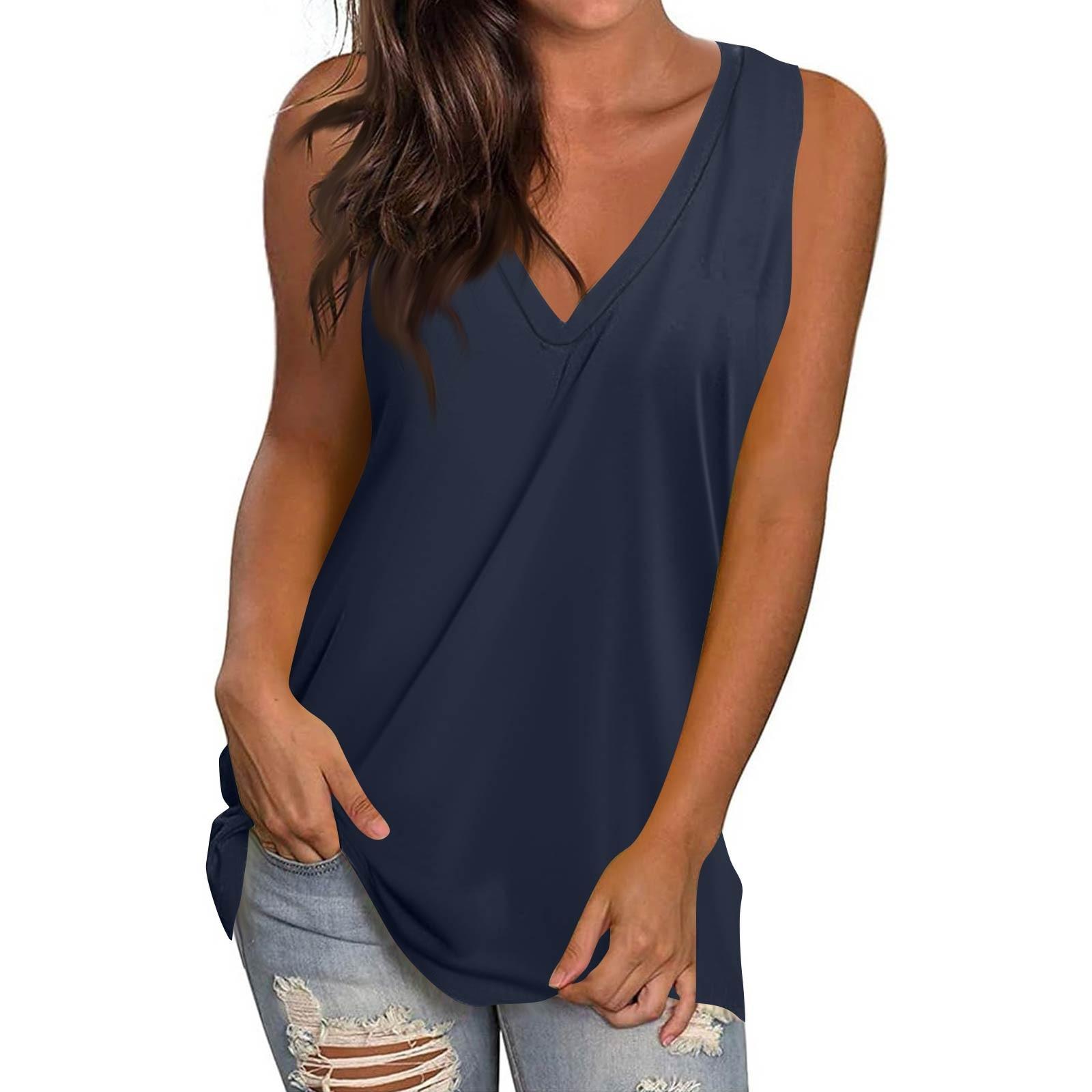 

Женская повседневная модная футболка без рукавов с V-образным вырезом и однотонным жилетом XL