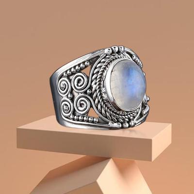 Mondstein Edelsteinring, Handgefertigter Designerring, Statement-Ring, Geburtssteinring, Böhmischer Ring, 925 Silberring