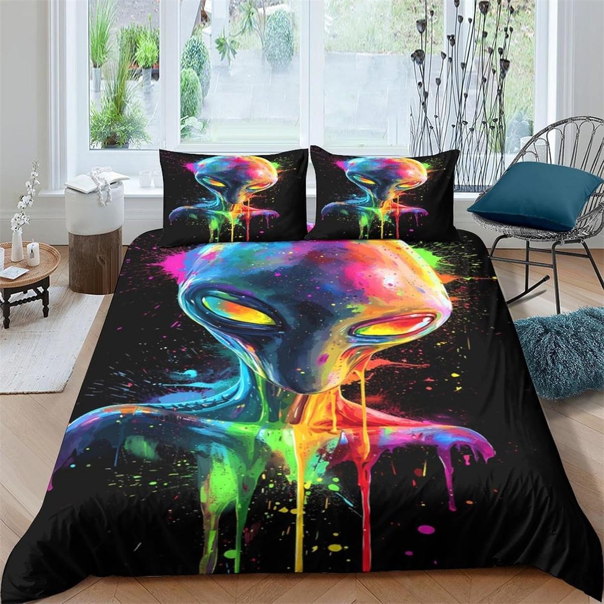 Ensemble de housse de couette dessin animé extraterrestre, Ensemble de literie crâne extraterrestre Espace psychédélique Aquarelle Coloré Couvre-lit taille Queen Cadeaux extraterrestres 100x135cm 2pcs