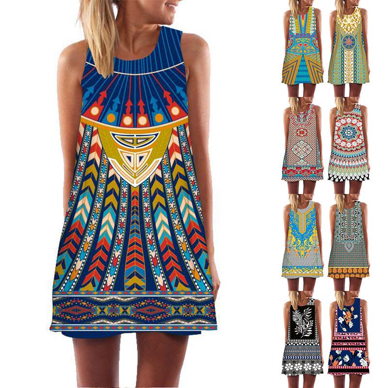 Retro Print Round Neck Loose Dress