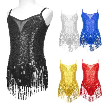 Barn Flickor Snygga Danskläder Ärmlösa Glänsande Paljetter Latin Tofs Klänning Gymnastik Leotards Skridskoklänningar