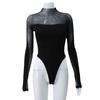 Elastické dámské body se síťovinou nadměrných velikostí průhledné elastické černé bodycon s dlouhým rukávem jednodílné body topy pro ženy