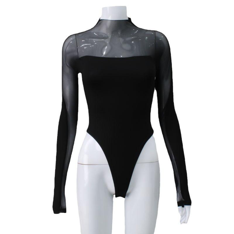 Elastic Women's Mesh Bodysuit Plus Size See Through Stretchy Black Long Sleeve Bodycon One-pieces Bodysuits Tops for Women