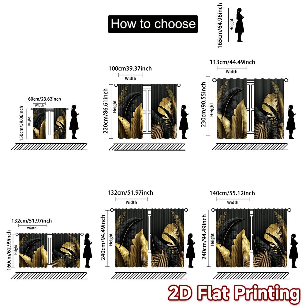 Set Of 2 Minimalist Flat Printing Curtains Without Rod Golden Black Leaves Valentine Is Day Festival Fabric Curtain Polyester