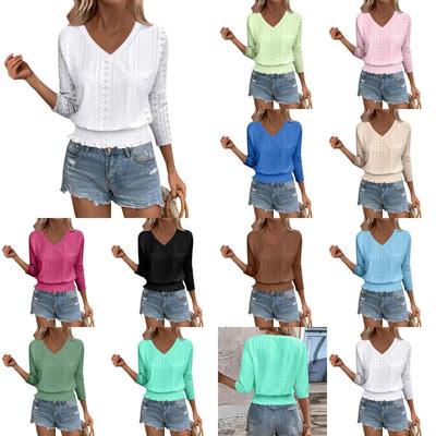 2026 Spring/Summer V-Neck Jacquard Smocked 7-Sleeve T-Shirt - Chic Casual Top