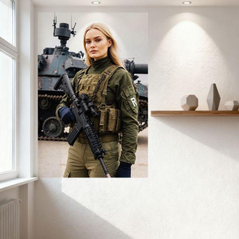 Seksowna Blondynka w Mundurze Wojskowym z Karabinem Szturmowym Tło Czołgu Metalowy Znak Blaszany Vintage Dekoracja Ścienna do Baru Pubu Domu Kawiarni 8x1