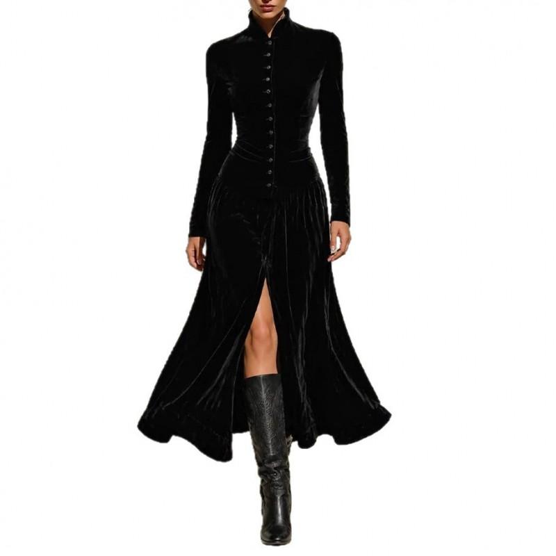 2026 Fall Winter Solid Button Long Sleeve Stand Collar Slit Elegant Dress Women