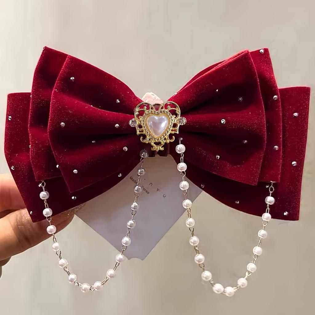 1PC Retro Wine Red Velvet Bow Pearl Pendant Three-dimensional Hairpin Suitable for Daily Life